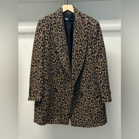 New Zara Leopard Animal Print Wool Blend Double Breasted Coat - Picture 1 of 5